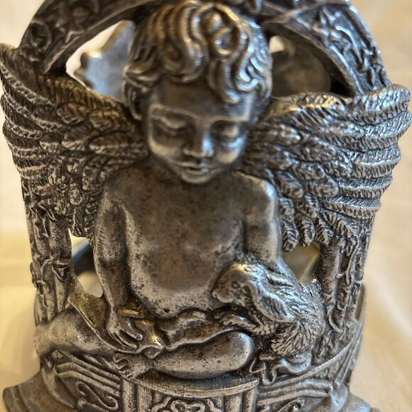 Carson 1999 Pewter Round Candle Holder Cherub Angel Bunny Rabbit Ivy 5 X 4.5 In - Picture 9 of 12